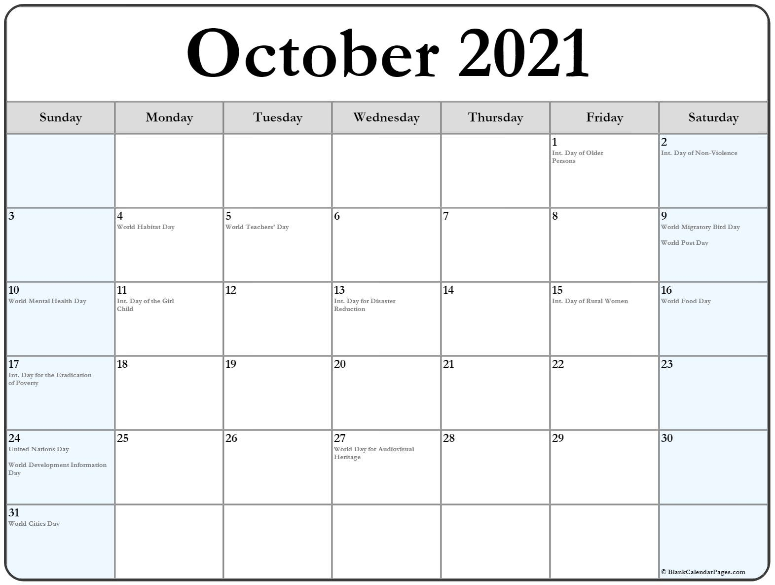 october 2021 calendar with holidays