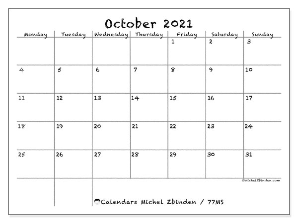 October 2021 Calendars Monday Sunday Michel Zbinden En