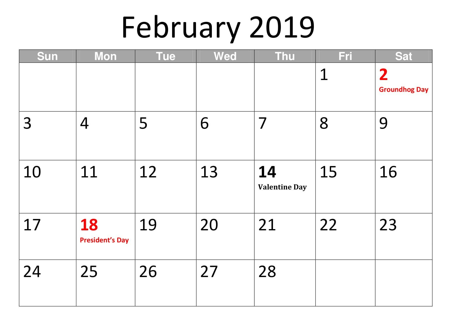 Presidents Day 2019 Calendar Free Download Printable