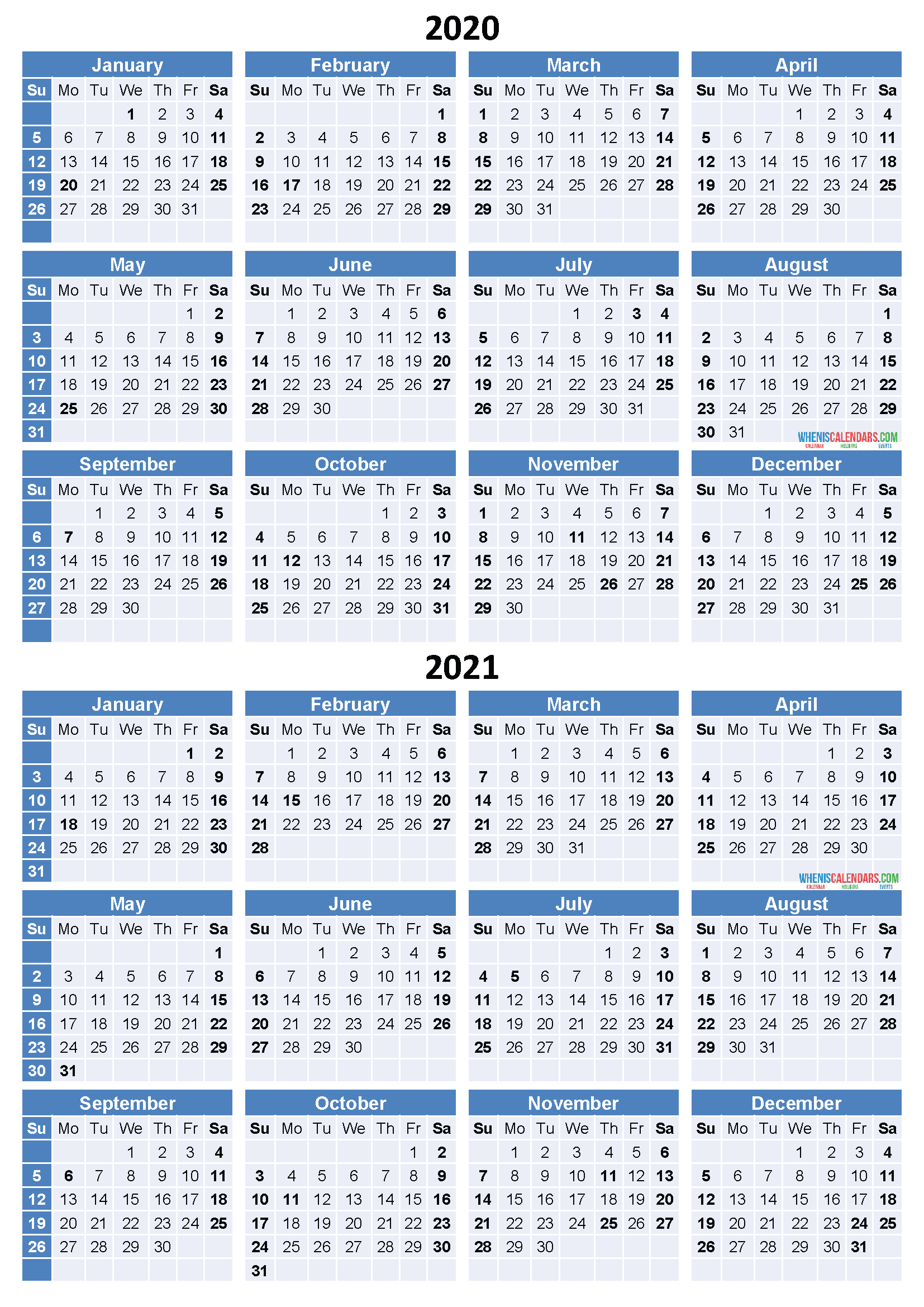 Printable 2 Year Calendar 2020 2021 Calendar Printable Free