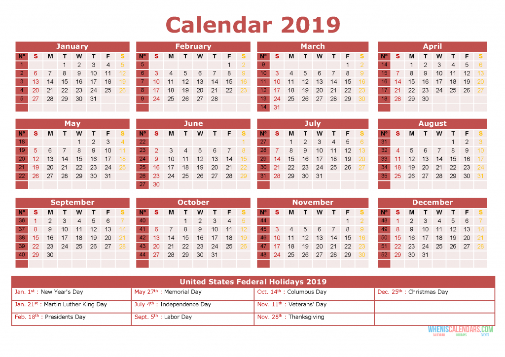 Printable 2019 Yearly Calendar With Holidays 12 Months In