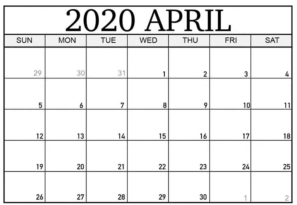 Printable April 2020 Calendar Waterproof Paper