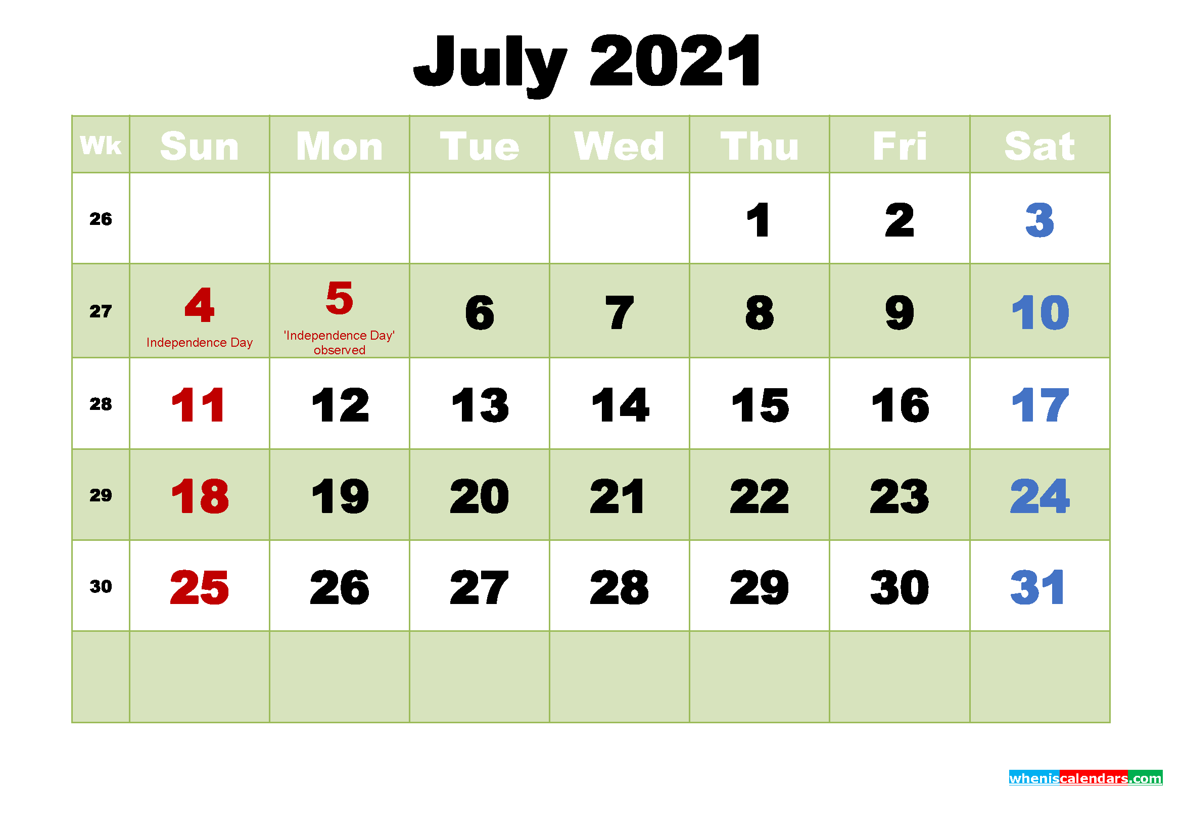 Printable Calendar For July 2021 Free Printable 2020