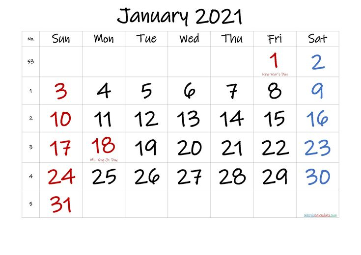 printable calendar january 2021 in 2020 printable