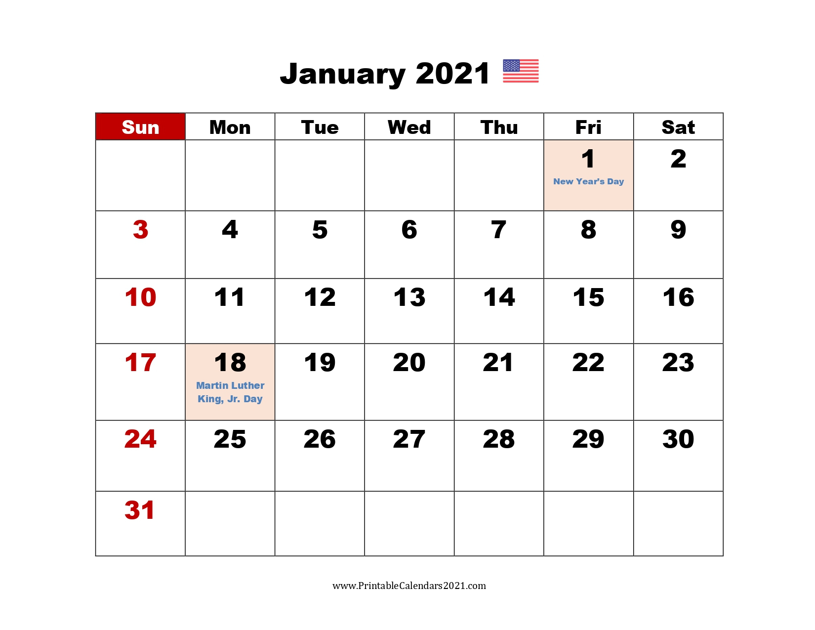printable calendar january 2021 with holidays blank