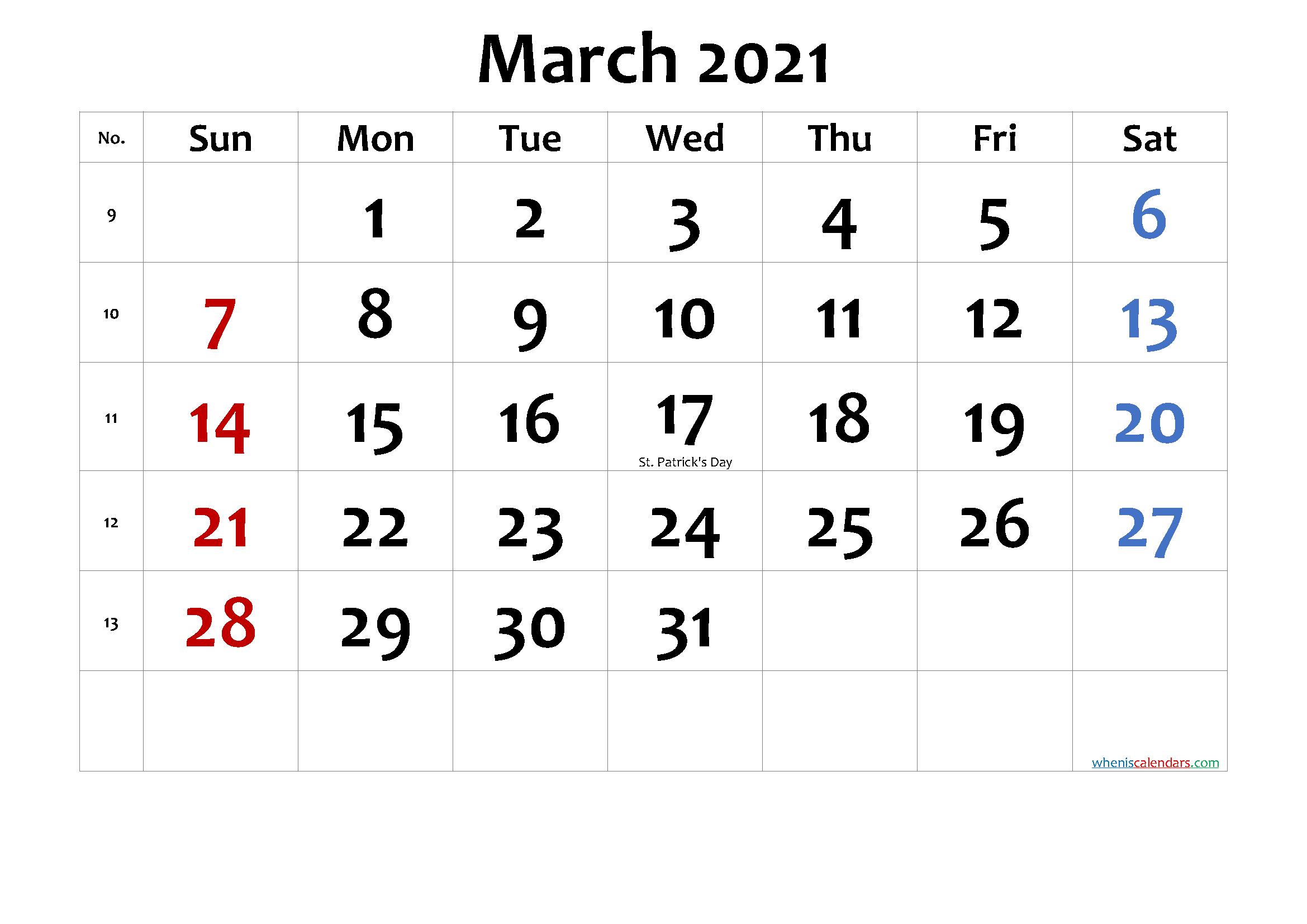 Printable March 2021 Calendar With Holidays Template No