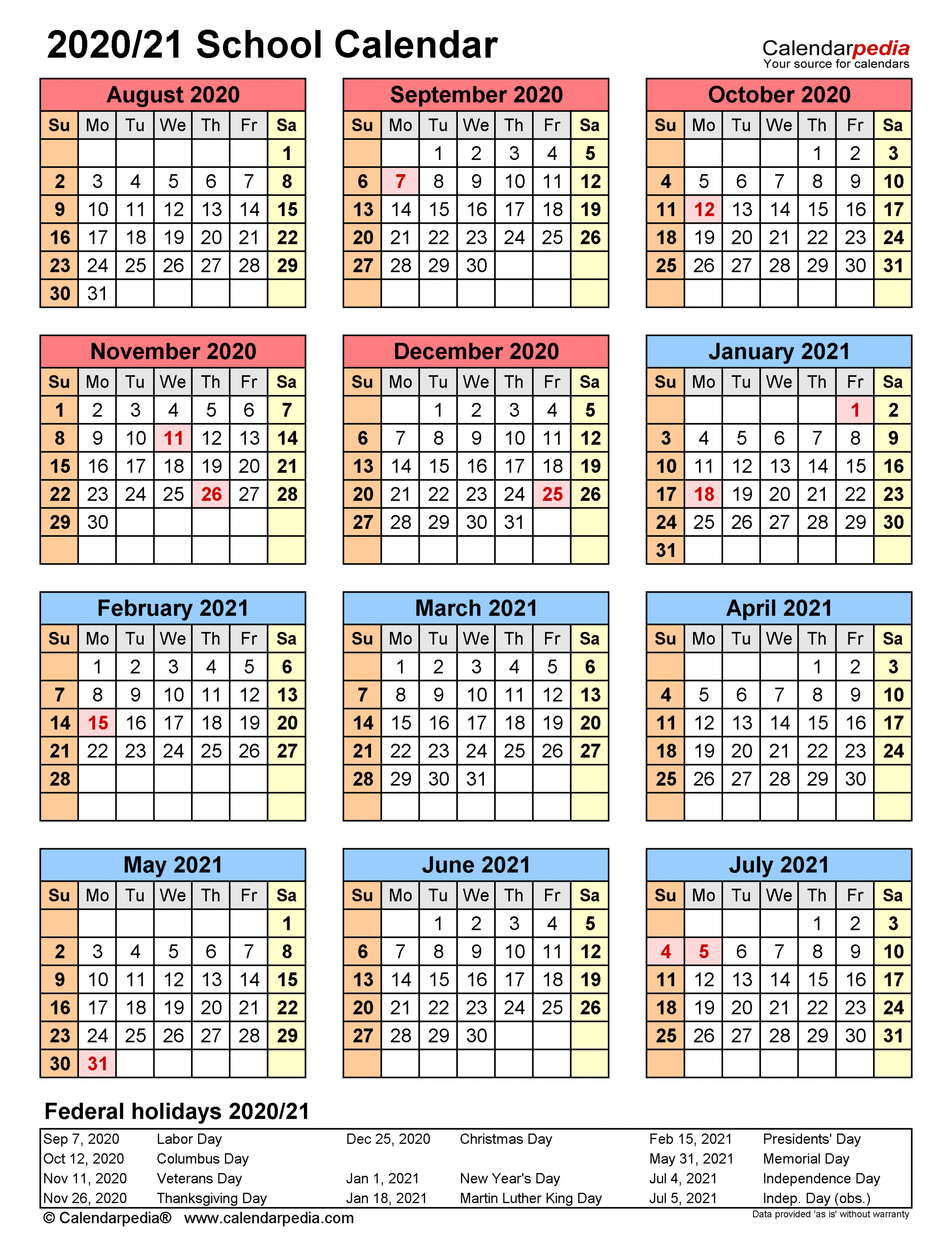 School Calendars 2020 2021 Free Printable Excel Templates