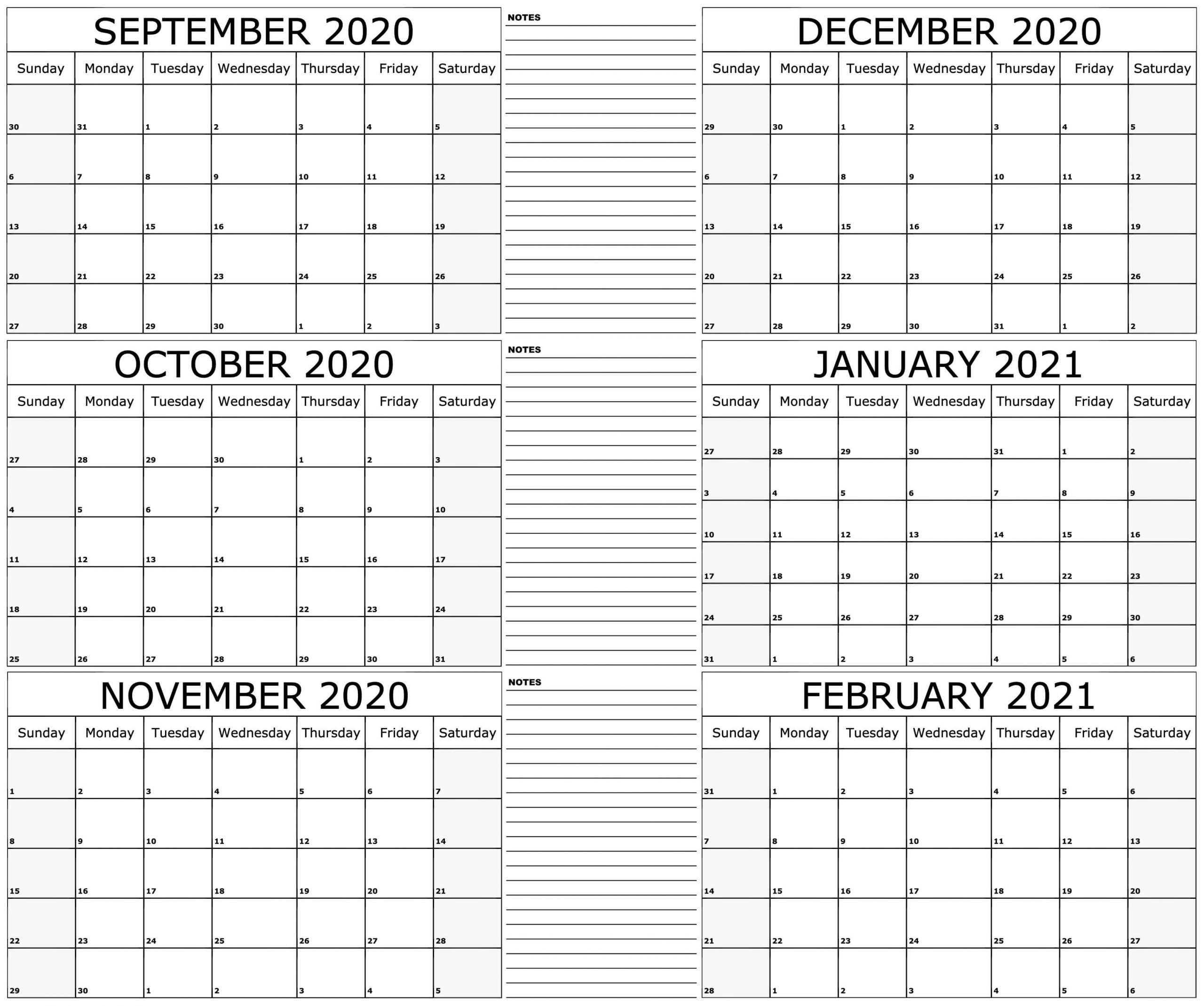 september 2020 to february 2021 calendar with notes free