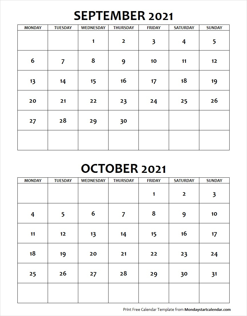 September October 2021 Calendar Monday Start Two Months