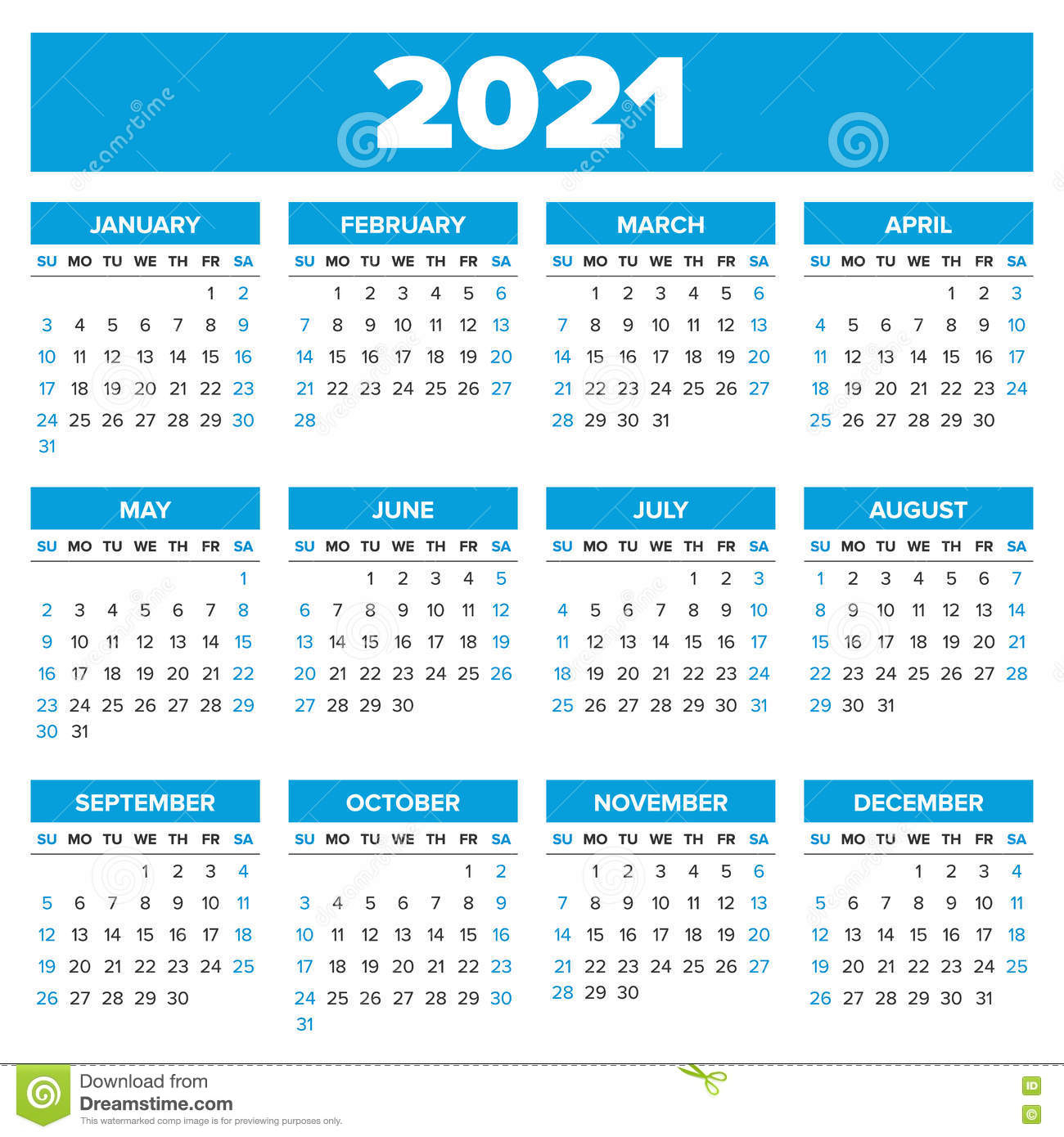 Simple 2021 Year Calendar Stock Vector Illustration Of