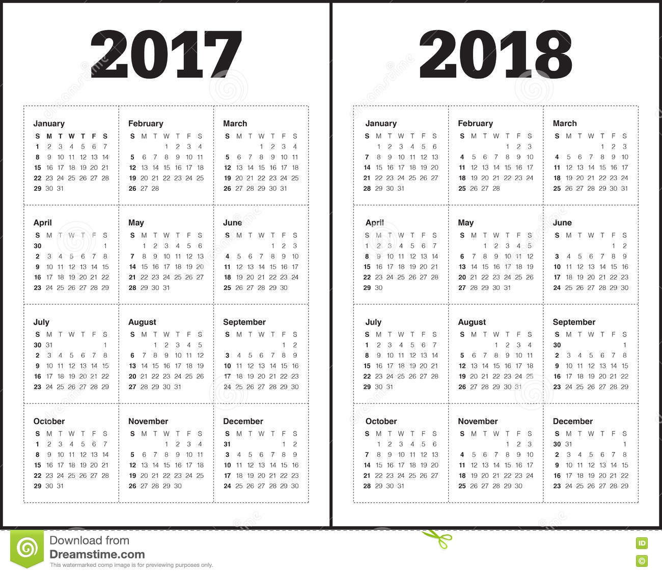 Simple Calendar Template For 2017 And 2018 Stock Vector