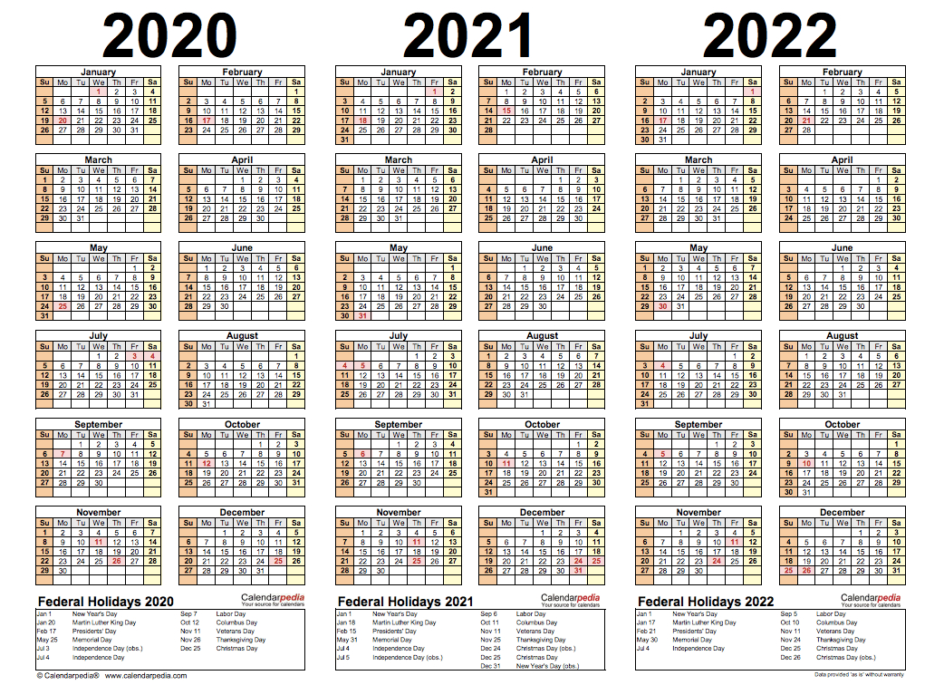 Three Year Calendar 2020 2021 2022 Calendar Office