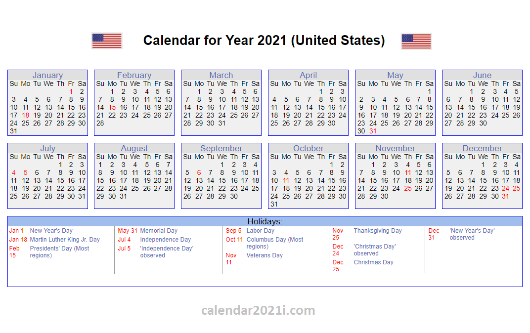 Us 2021 Calendar With Holidays United States Printable