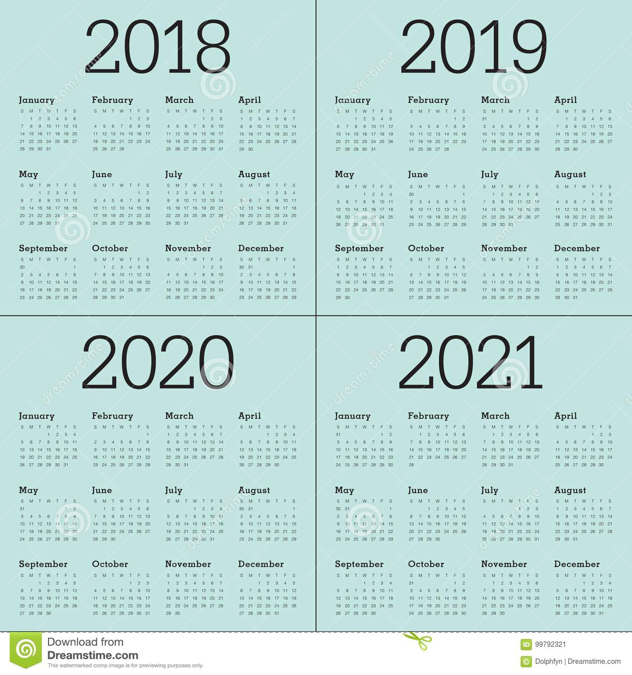 year 2018 2019 2020 2021 calendar vector stock