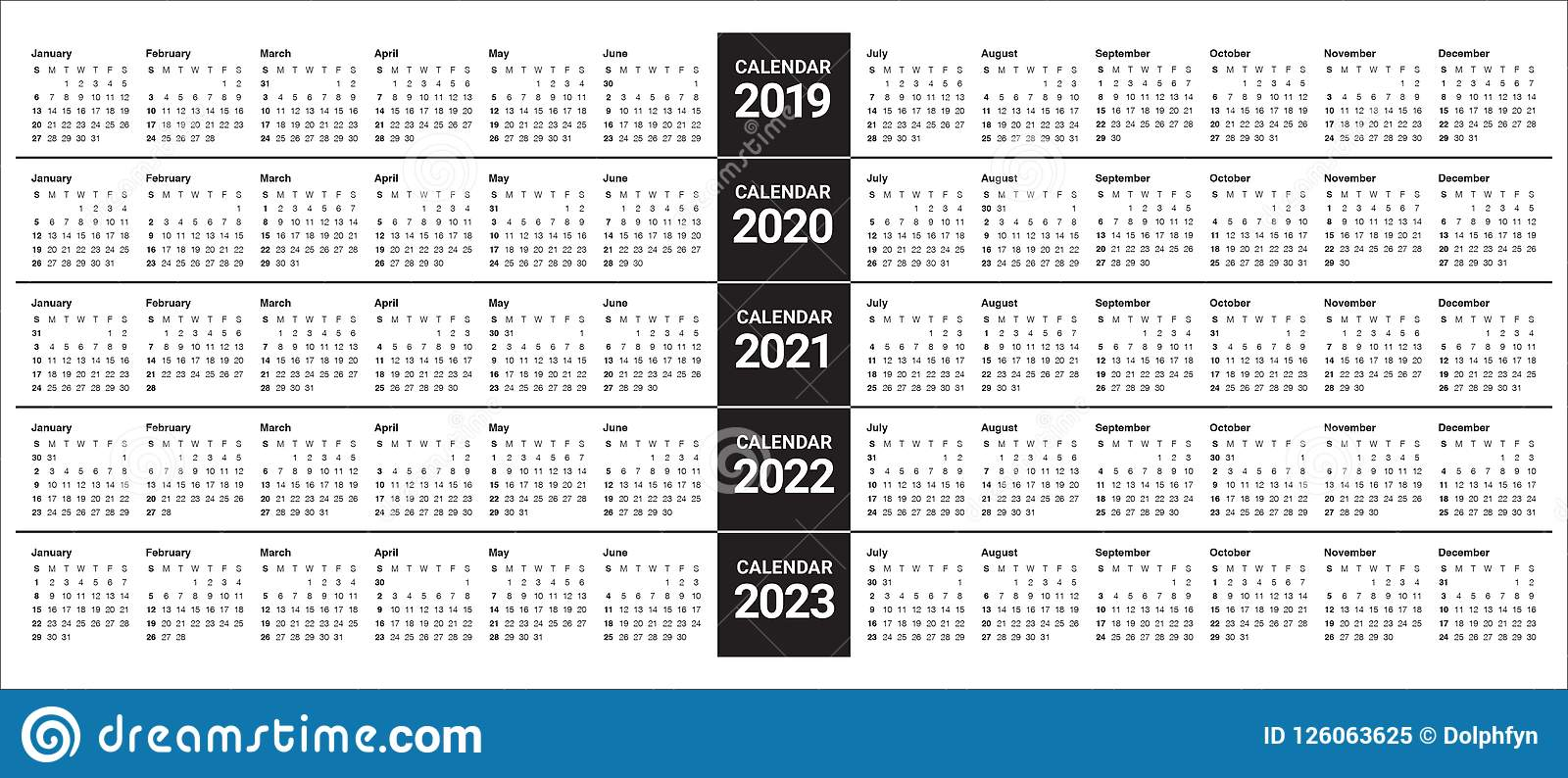 Year 2019 2020 2021 2022 2023 Calendar Vector Design