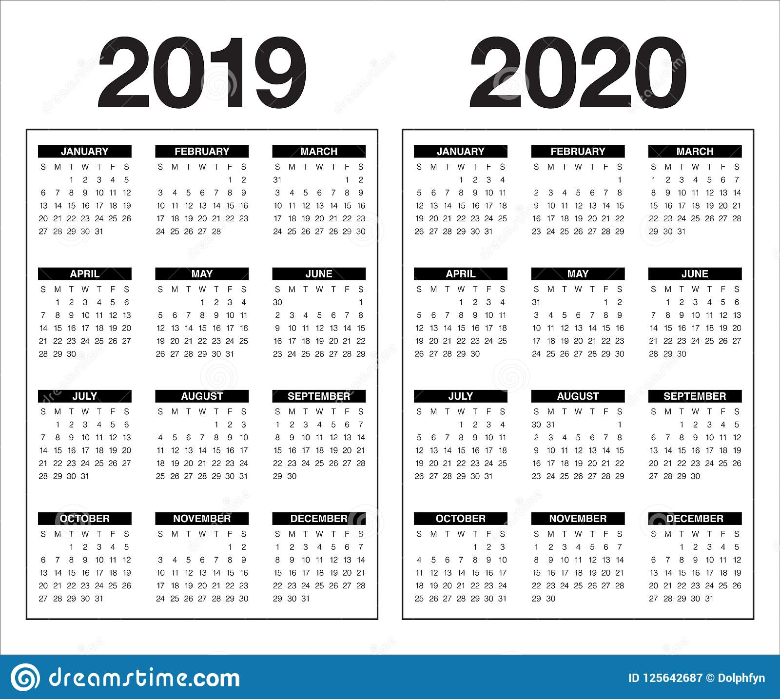 Year 2019 2020 Calendar Vector Design Template Stock