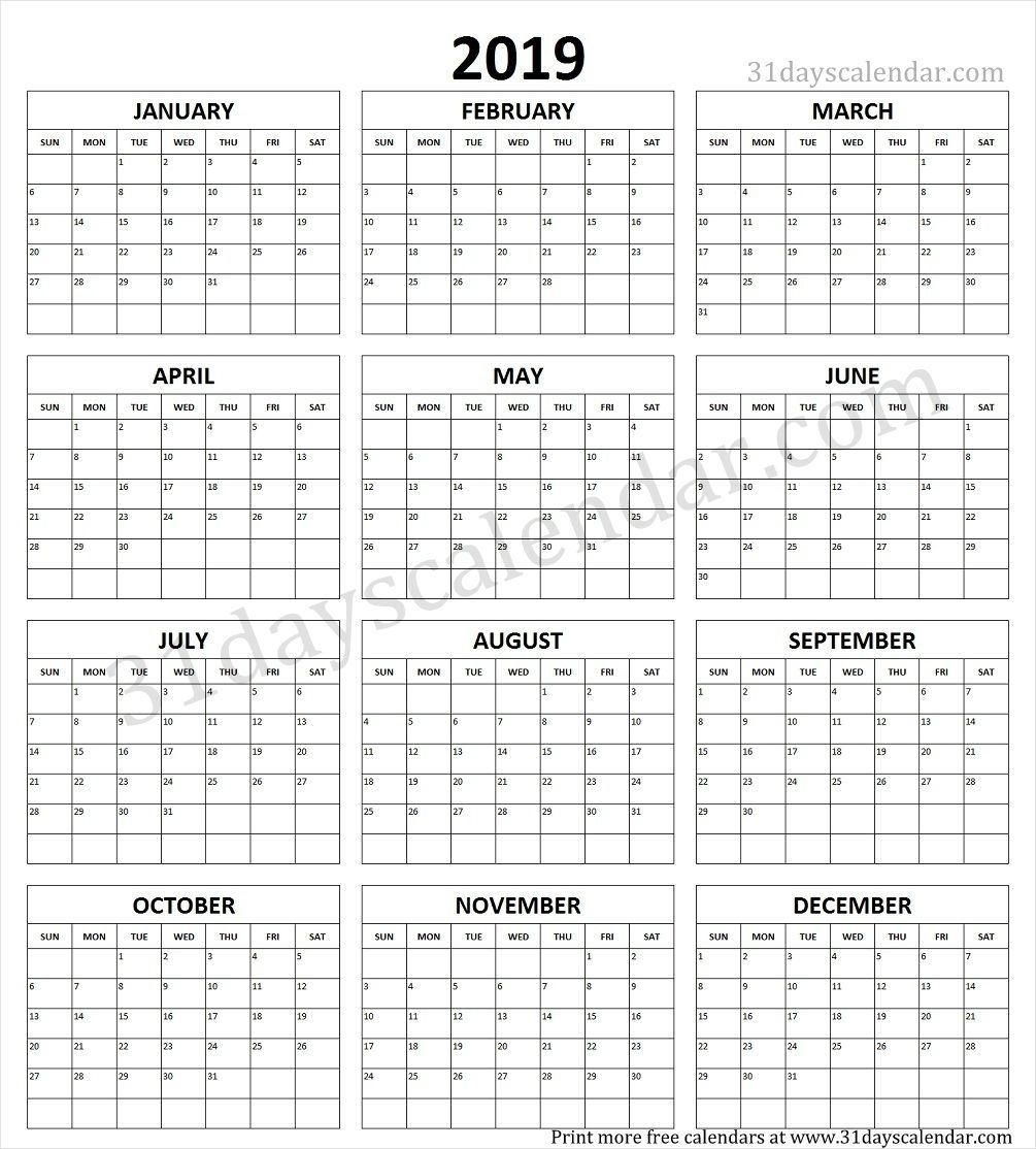 Year Calendar 1 Page Ten Free Printable Calendar 2019 2020 1