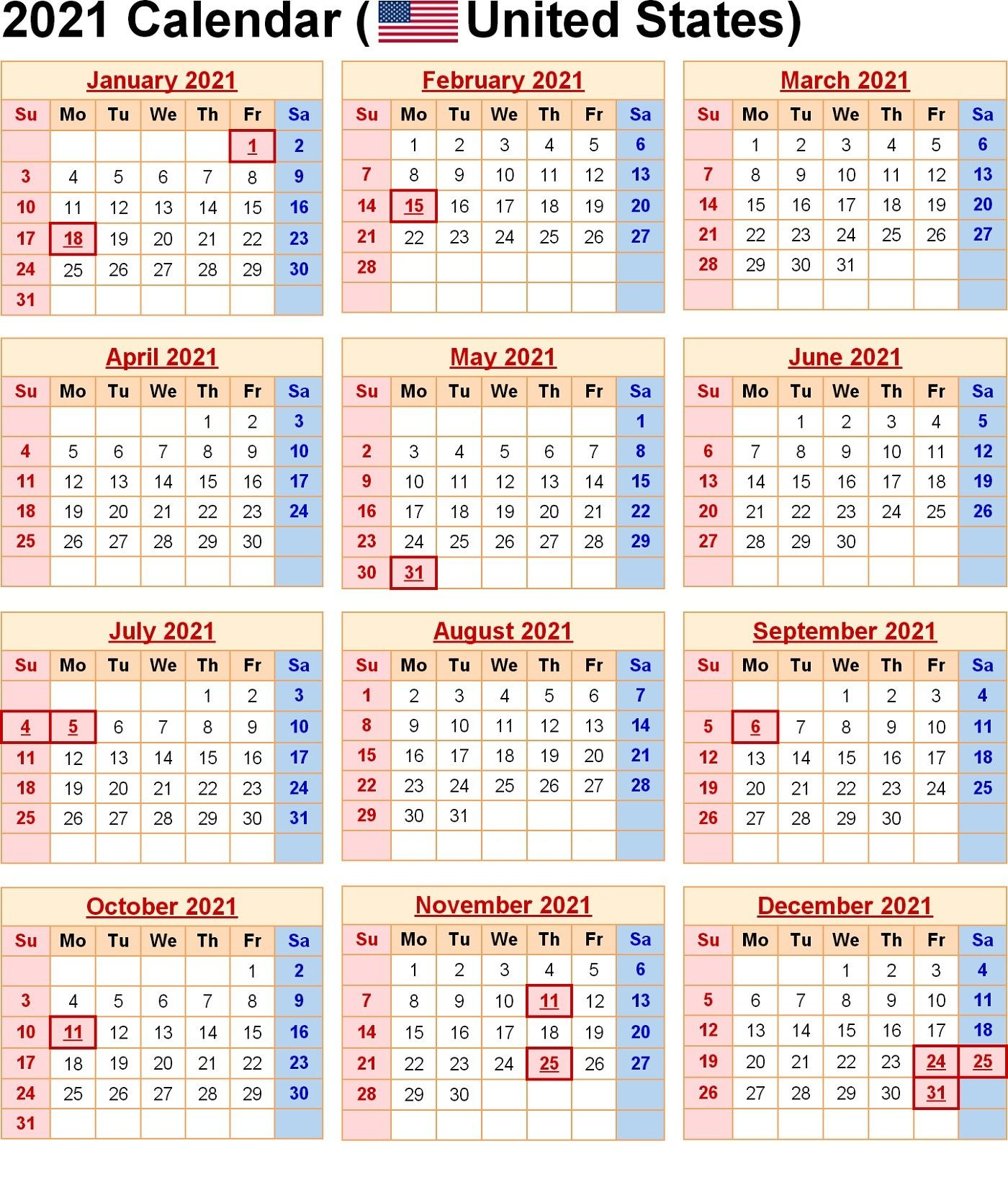 Yearly Calendar Template 2021 Free For Colouring Your Day
