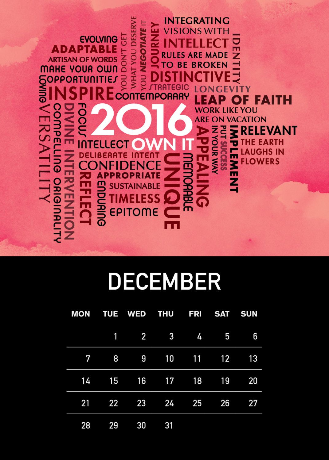 2016 Desk Calendar 5 X 7 Custom Song Lyrics Art Free