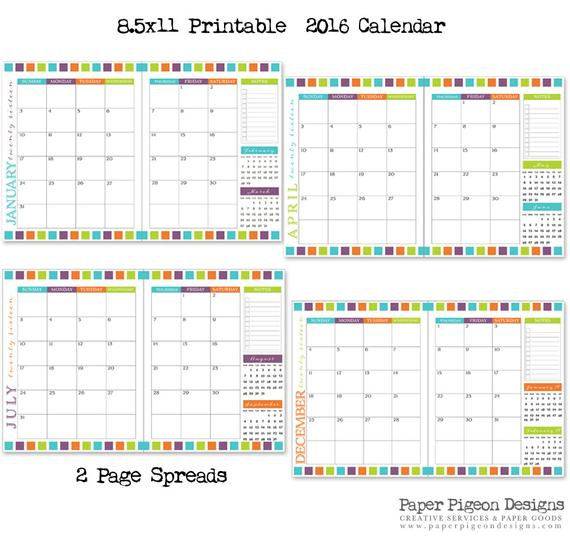 2016 Printable Calendar 8 5 X 11 Letterpaperpigeondesigns