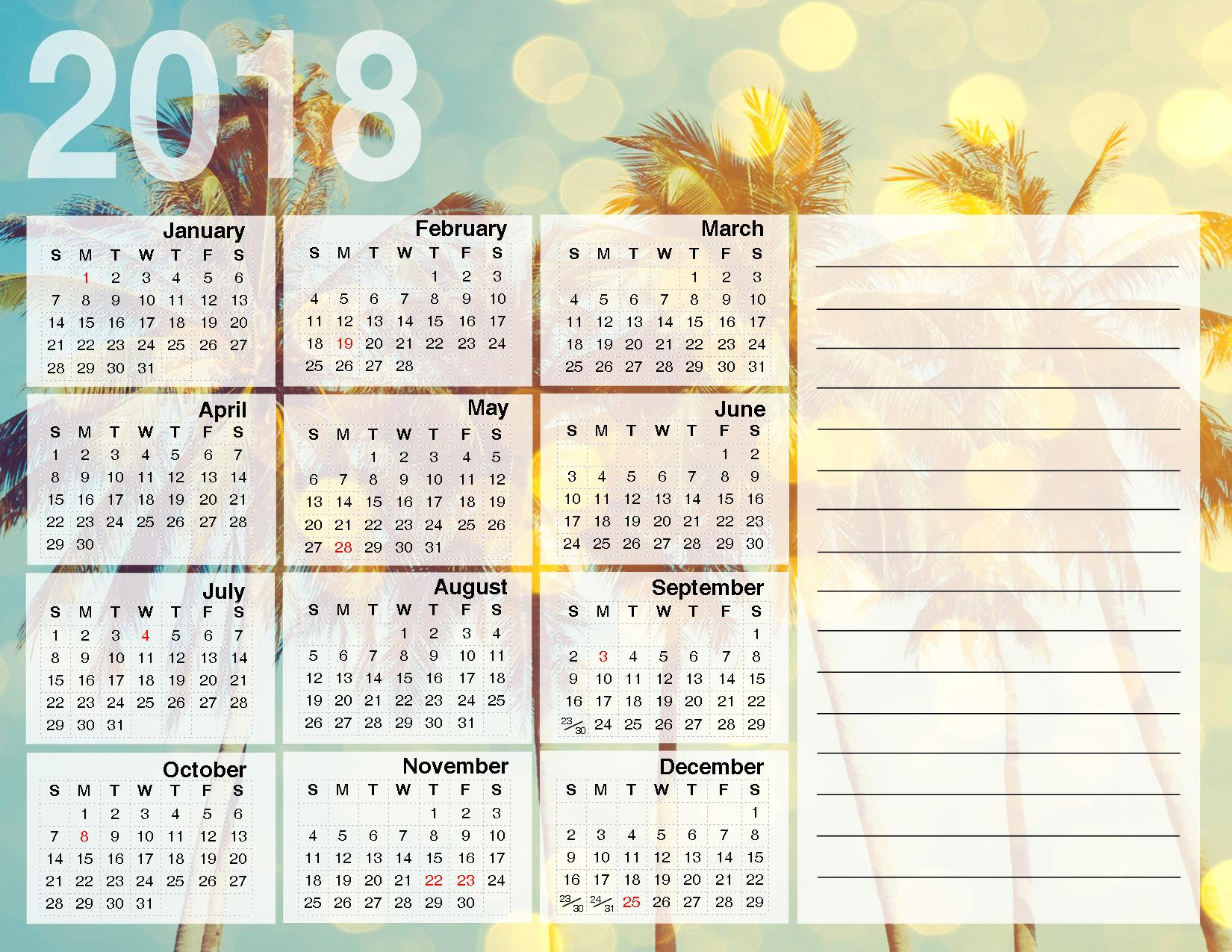 2018 year at a glance printable pdf calendar etsy