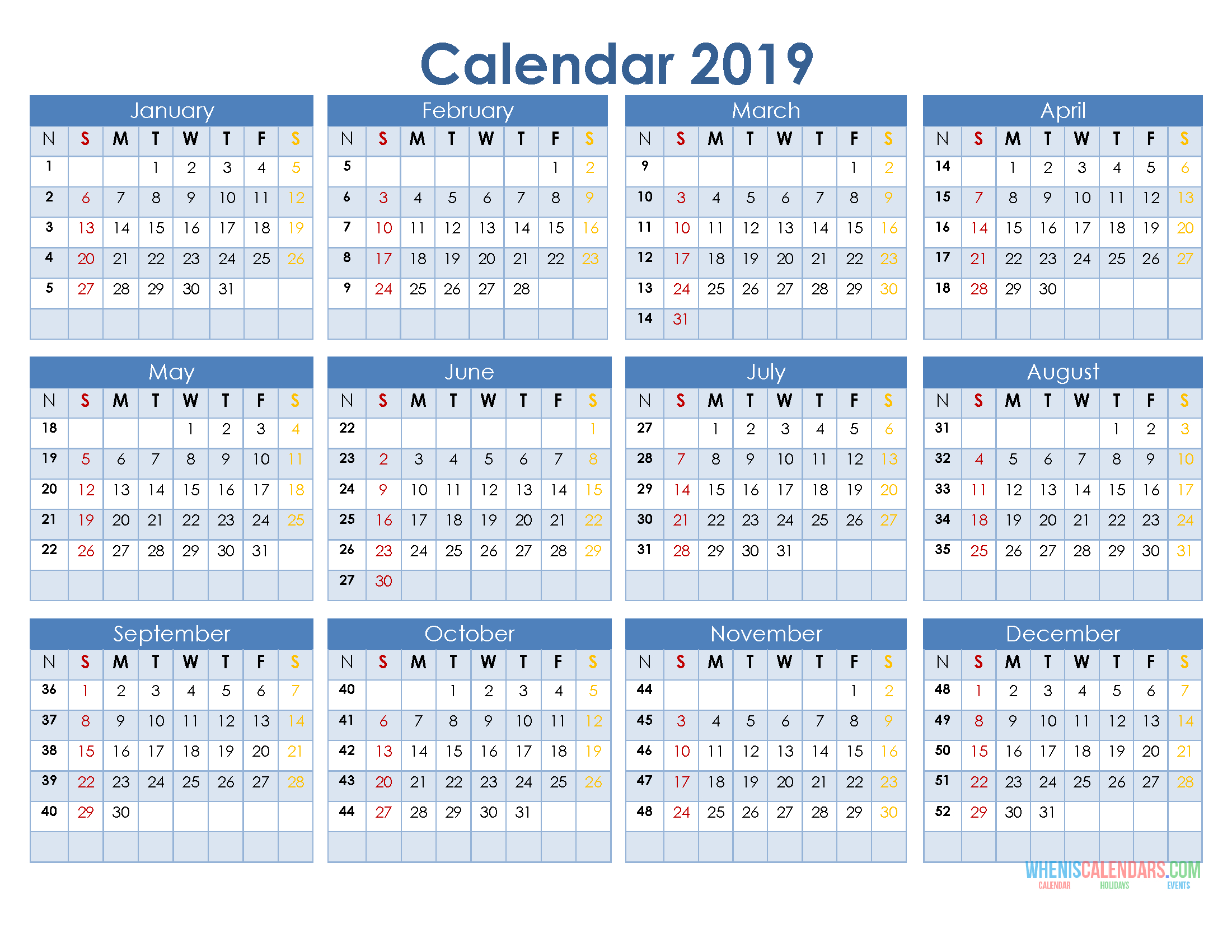 2019 12 Month Calendar Template In A One Page Printable