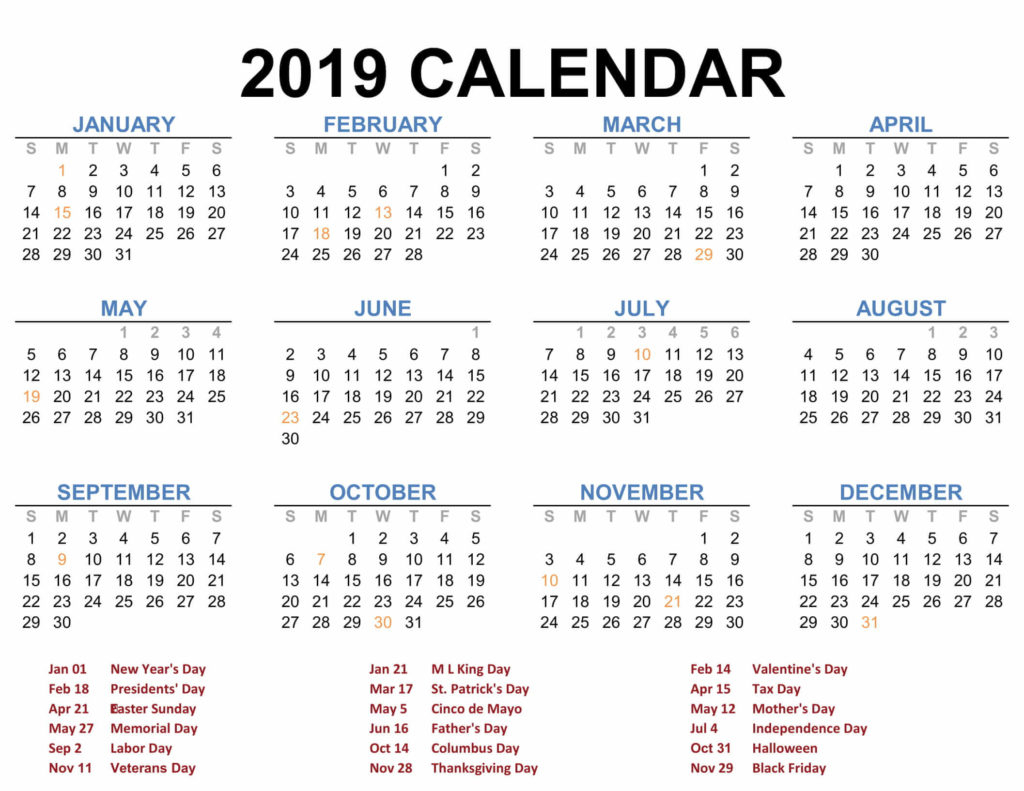2019 Printable Calendar Templates Pdf Excel Word Free