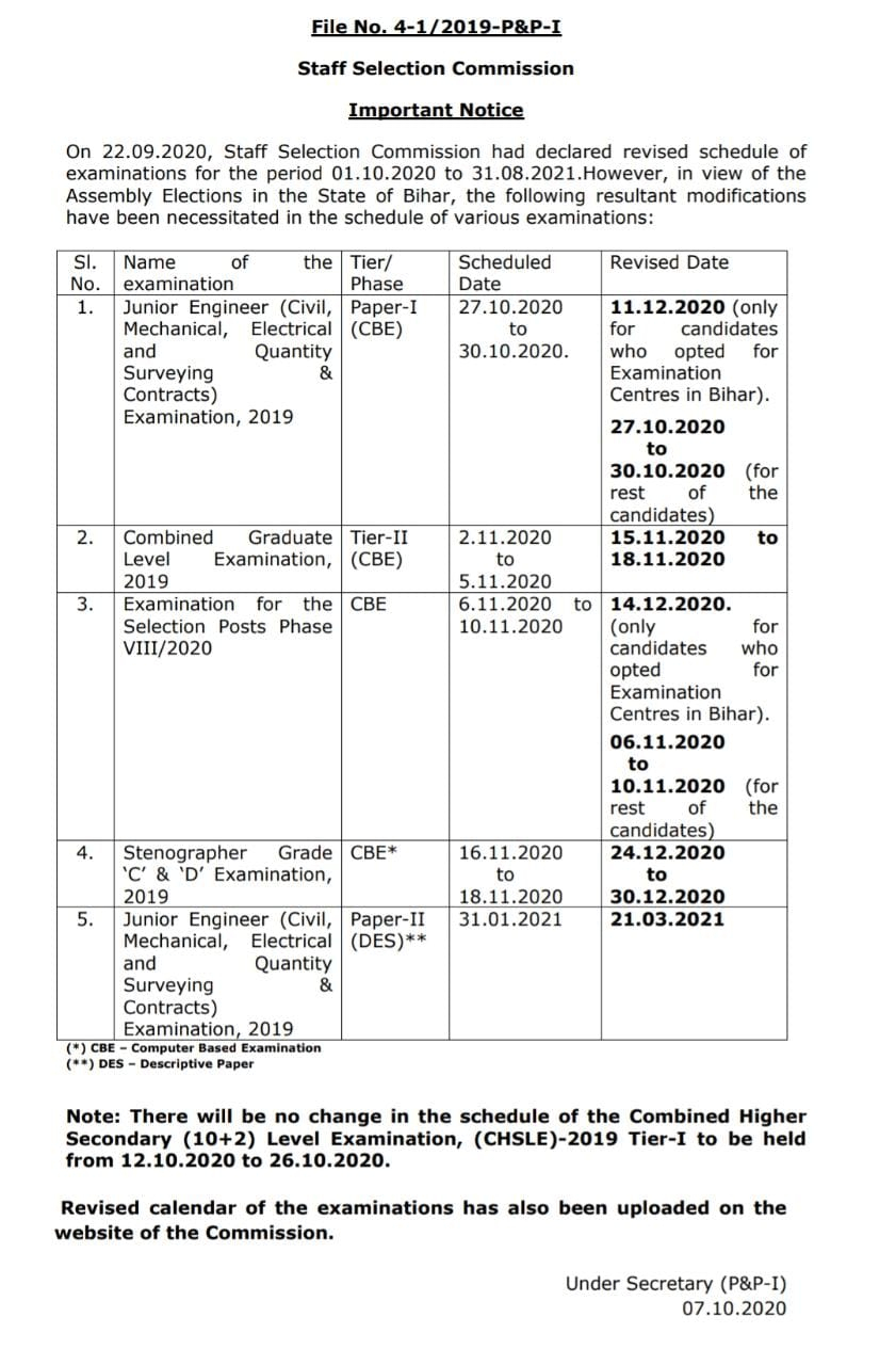 2020 2021 ssc revised calendar schedule out exam dates