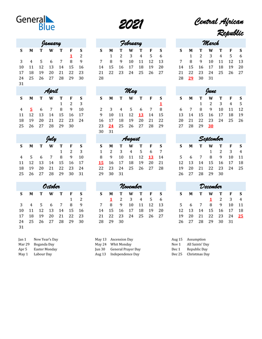 2021 Calendar Central African Republic With Holidays 2