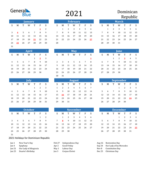 2021 Calendar Dominican Republic With Holidays 1