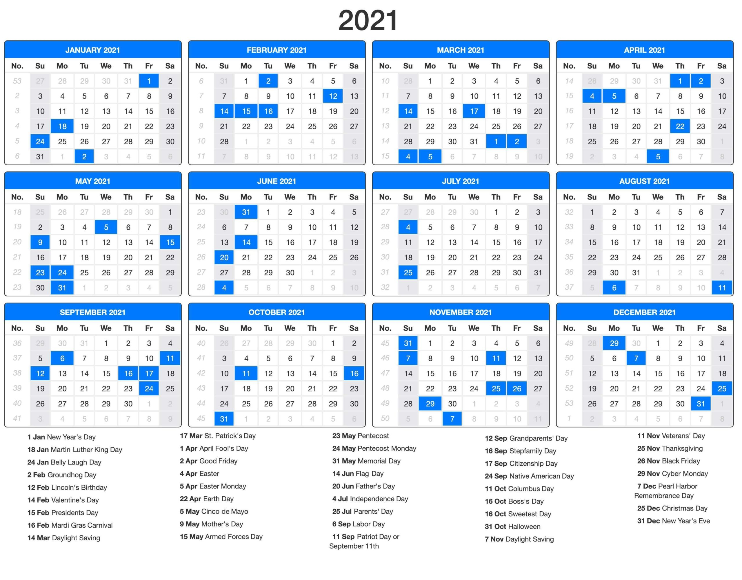 2021 Calendar With Holidays Calendar 2021