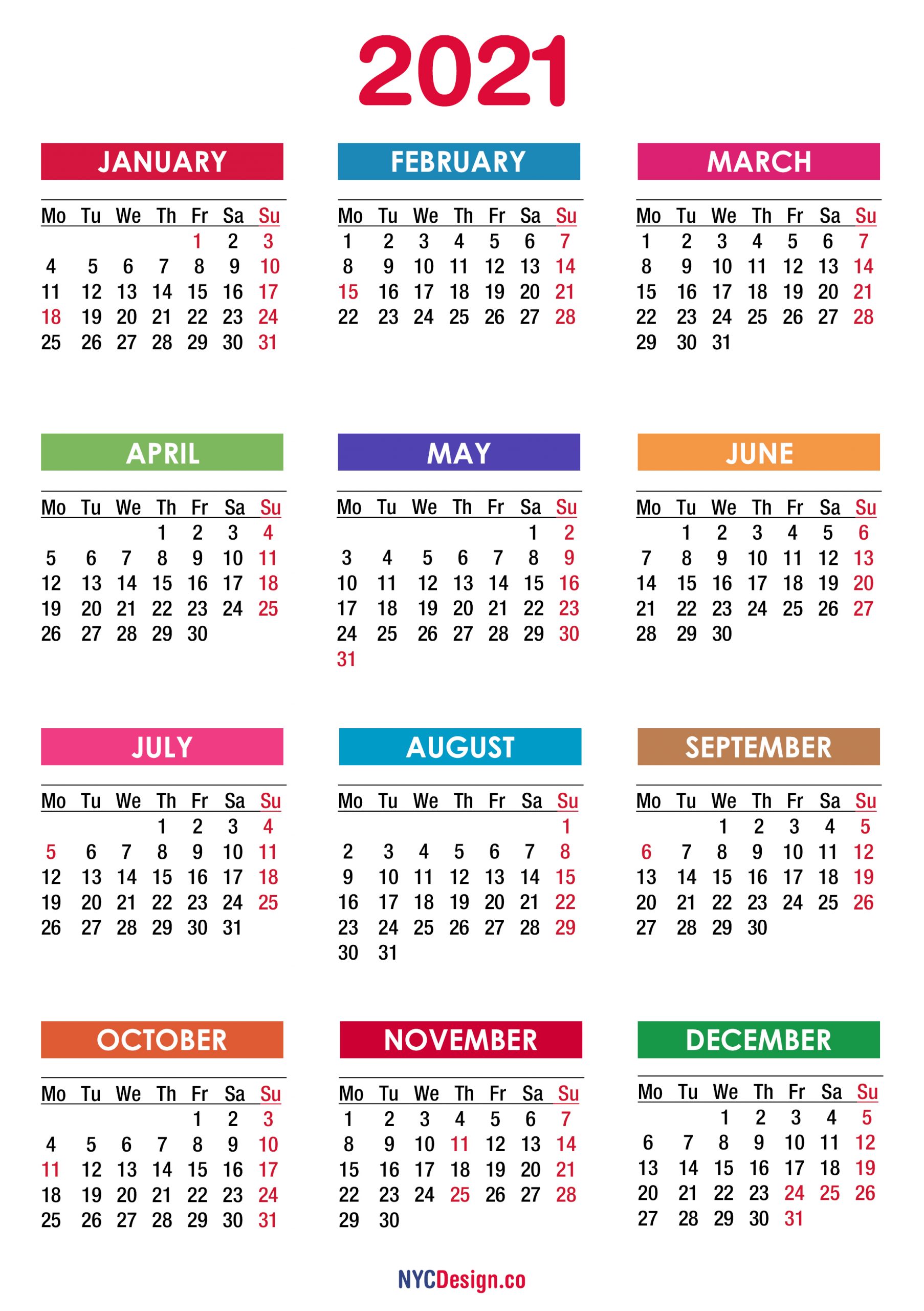 2021 calendar with holidays printable free pdf colorful