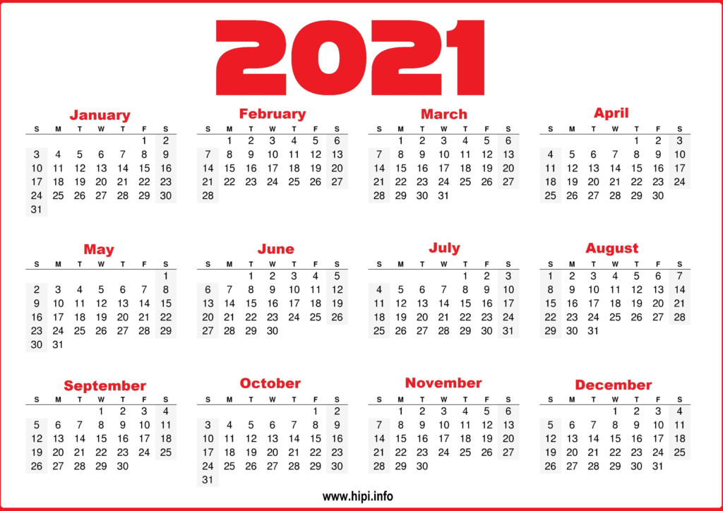 2021 Printable Yearly Calendar Free Hipi