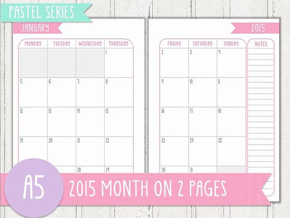 A5 2015 Month On 2 Pages Monday Start Planner Printable