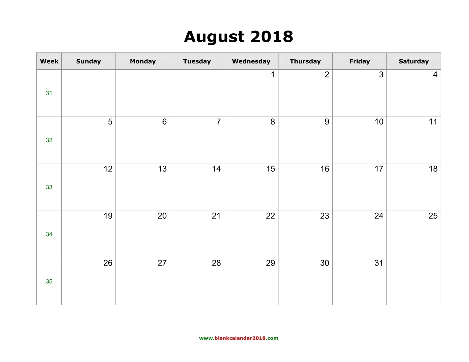 blank calendar for august 2018