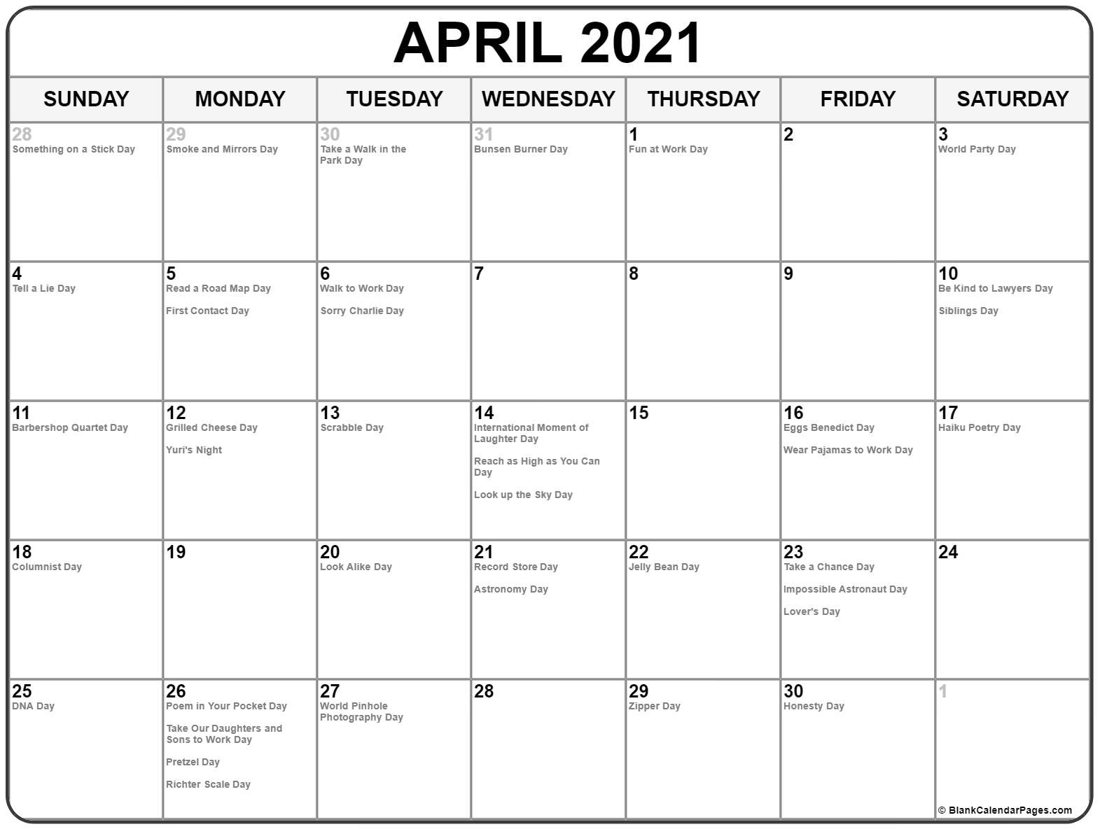 collection of april 2021 calendars with holidays