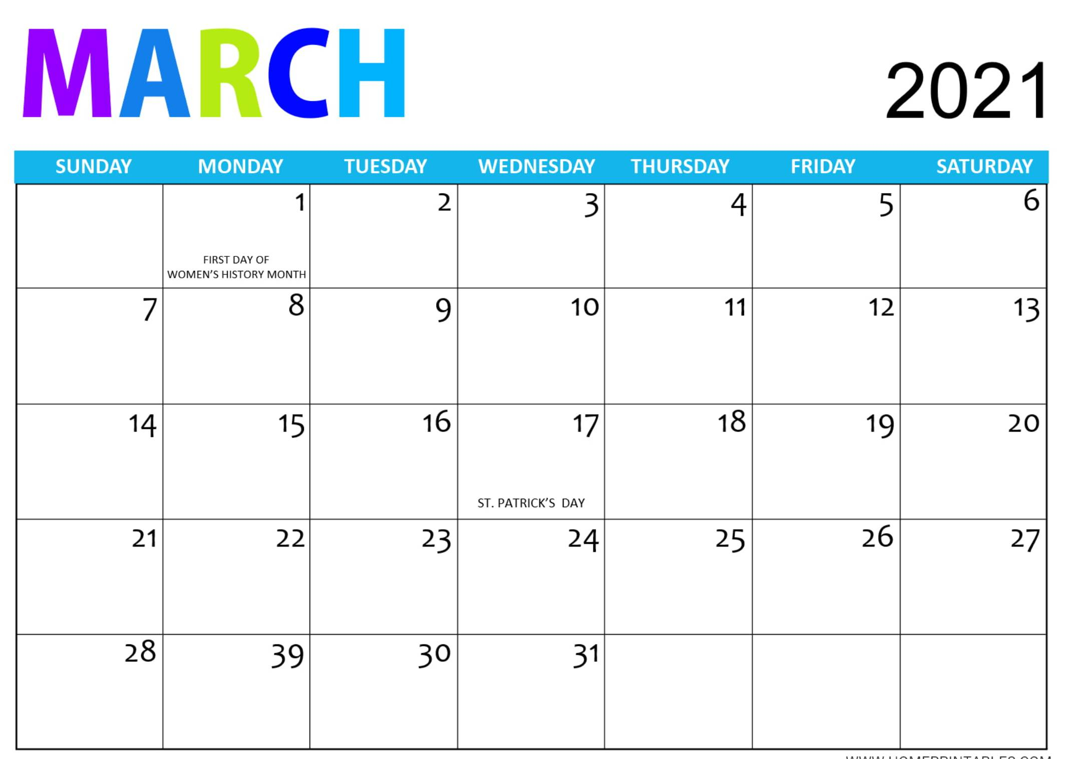 cute march 2021 calendar with notes free printable