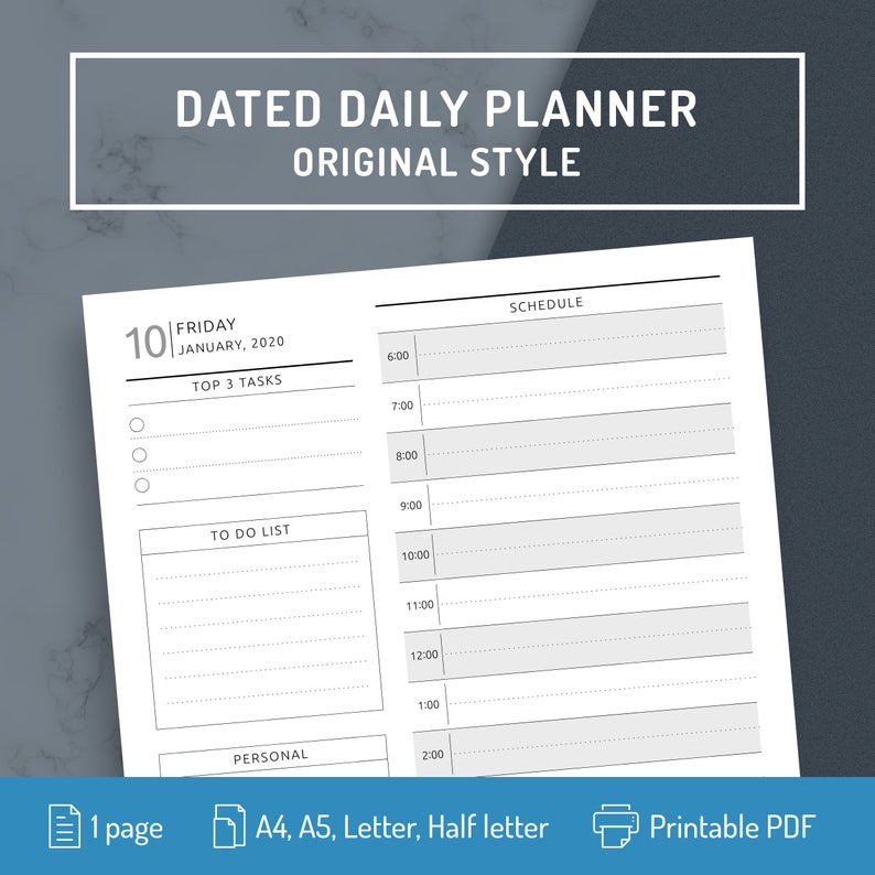 Daily Planner Page Daily Planner 2020 2021 Printable Dated 1