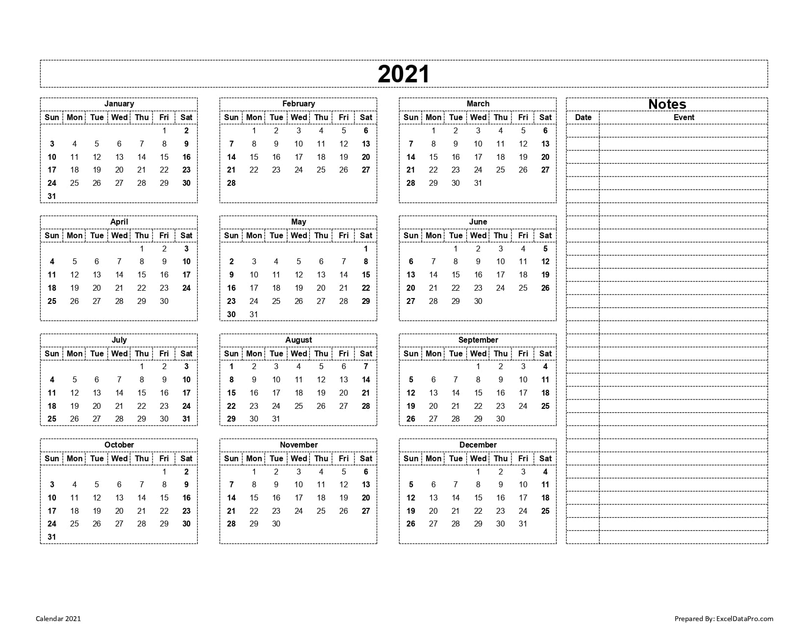 Download 2021 Yearly Calendar Sun Start Excel Template