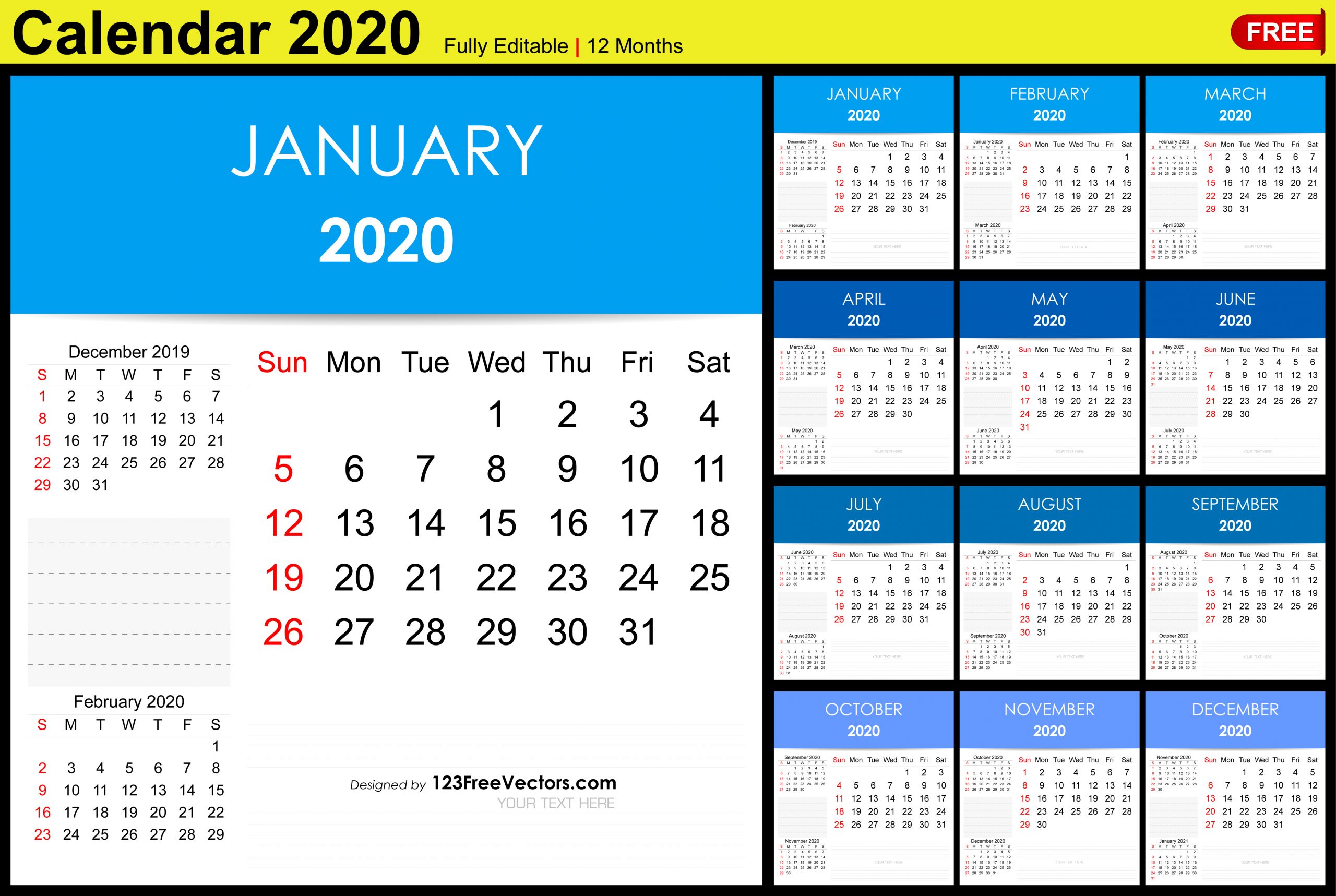 Editable Monthly Calendar Template 2020