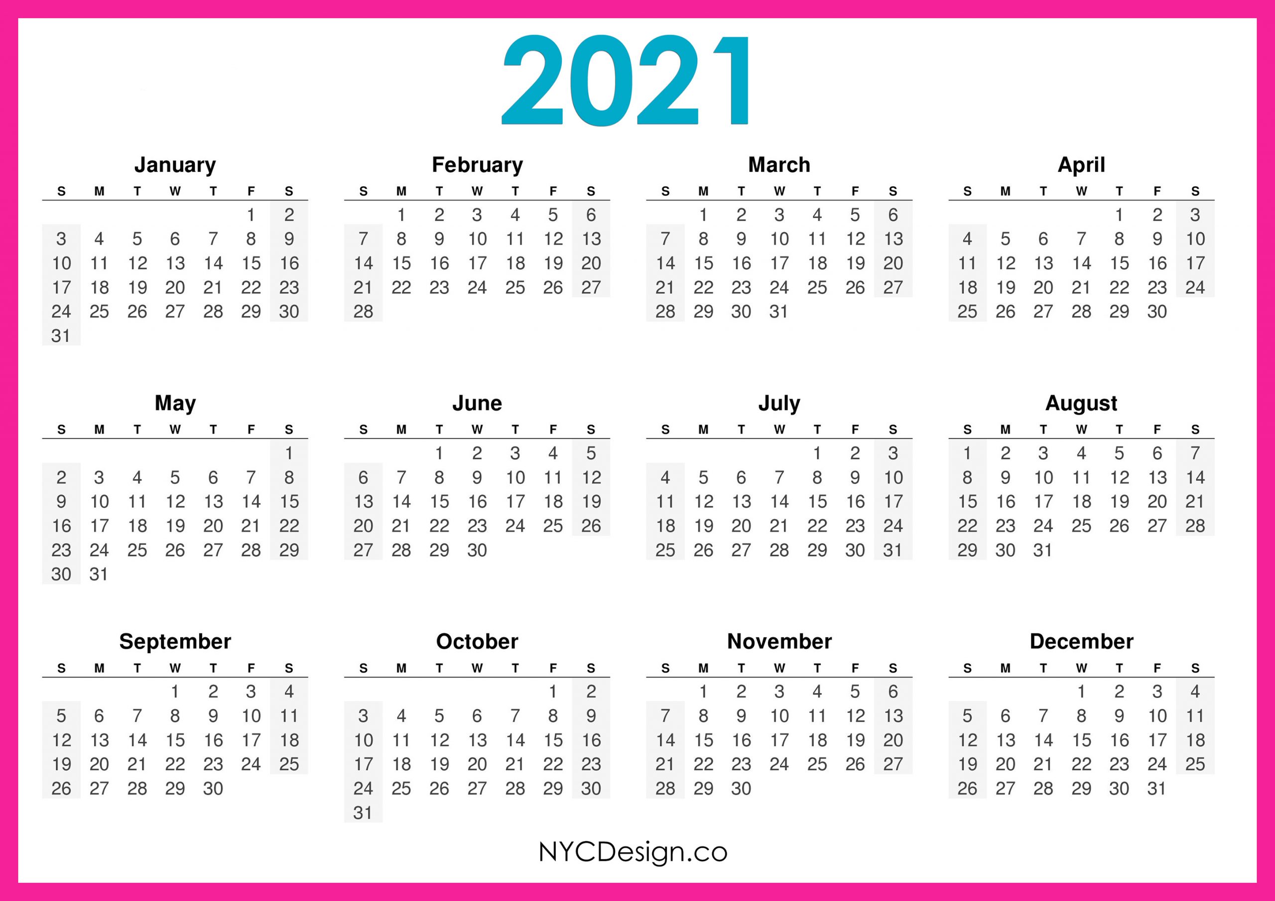 Free 2021 Yearly Calender Template 12 Month Colorful