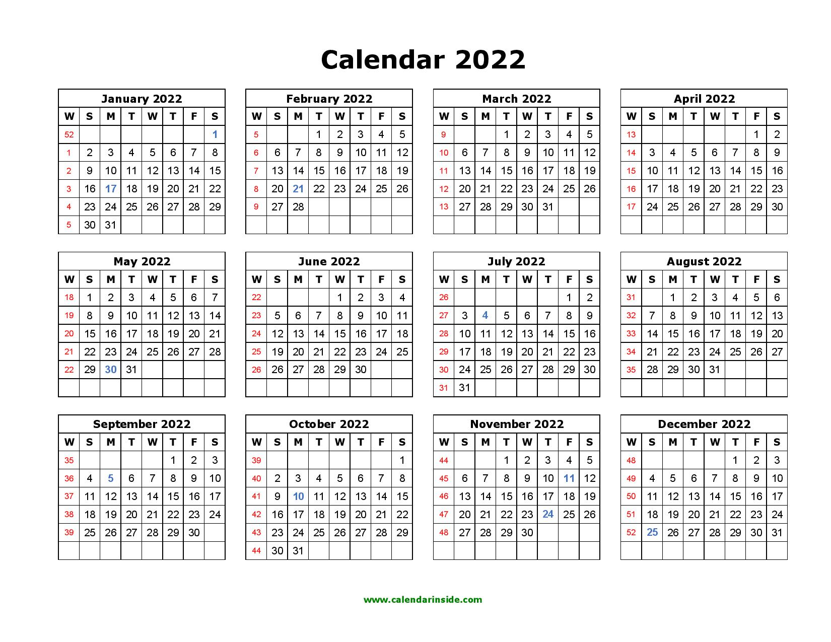 Free 2022 Printable Calendar Yearly Template In Pdf Word