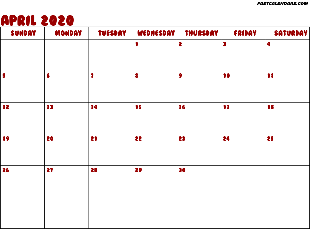 Free Blank April Calendar 2020 Printable Template Editable