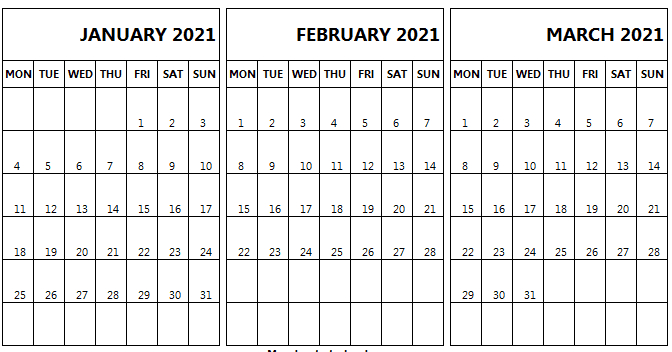 free january february march 2021 calendar printable
