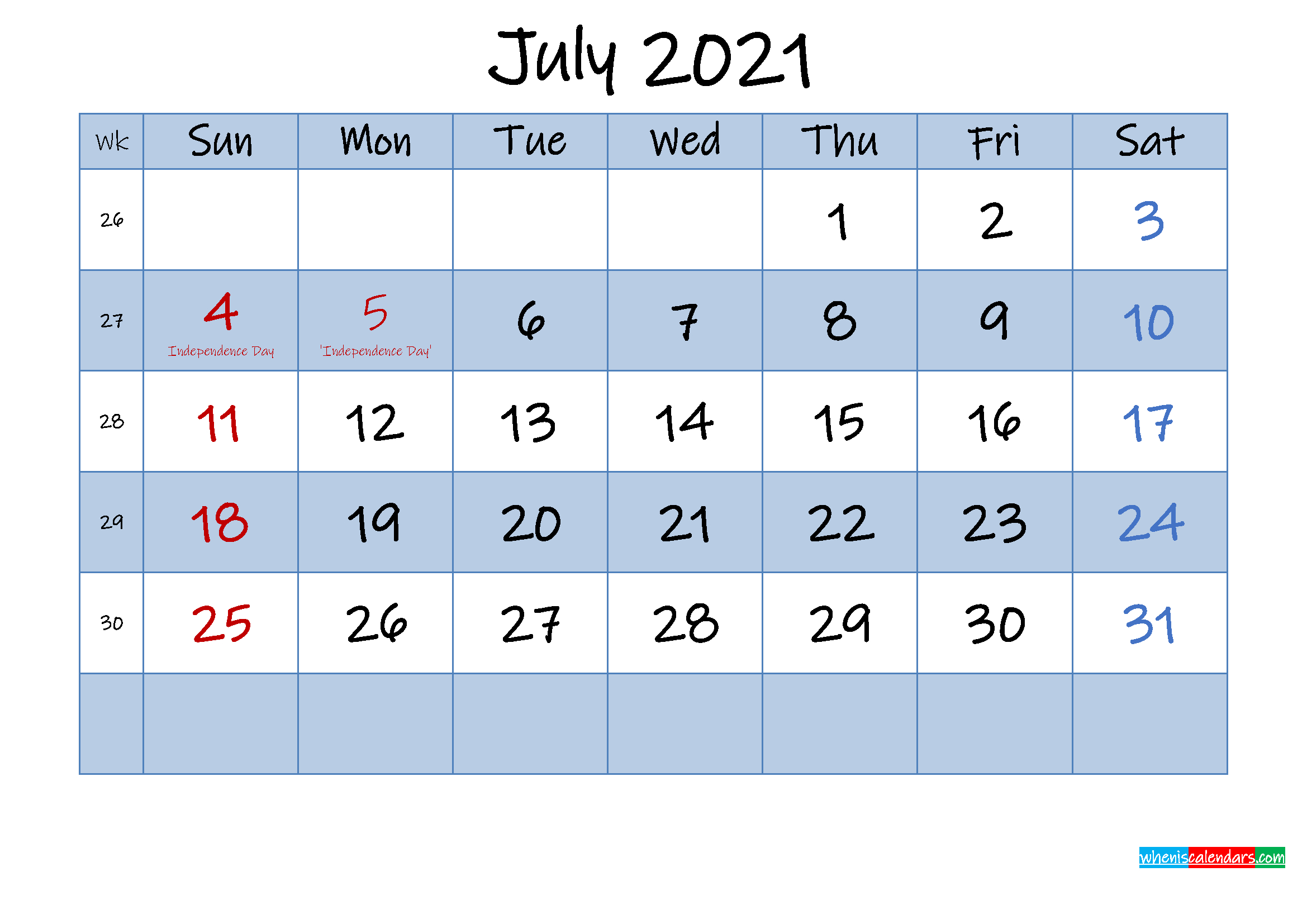 Free July 2021 Monthly Calendar Pdf Template No
