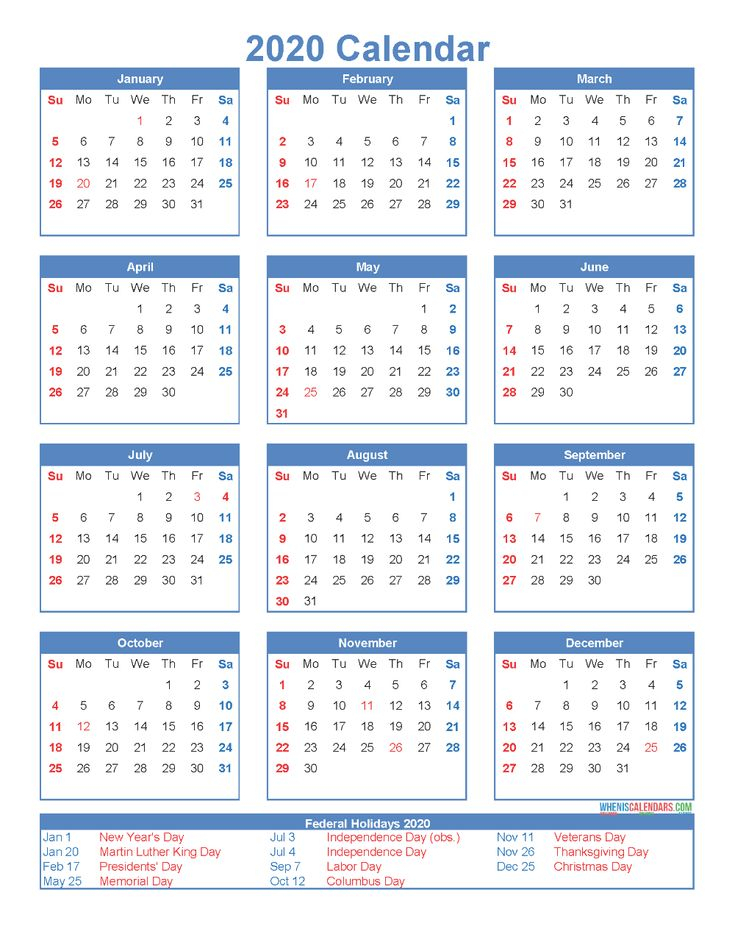 free printable 12 month calendar 2020 with holidays