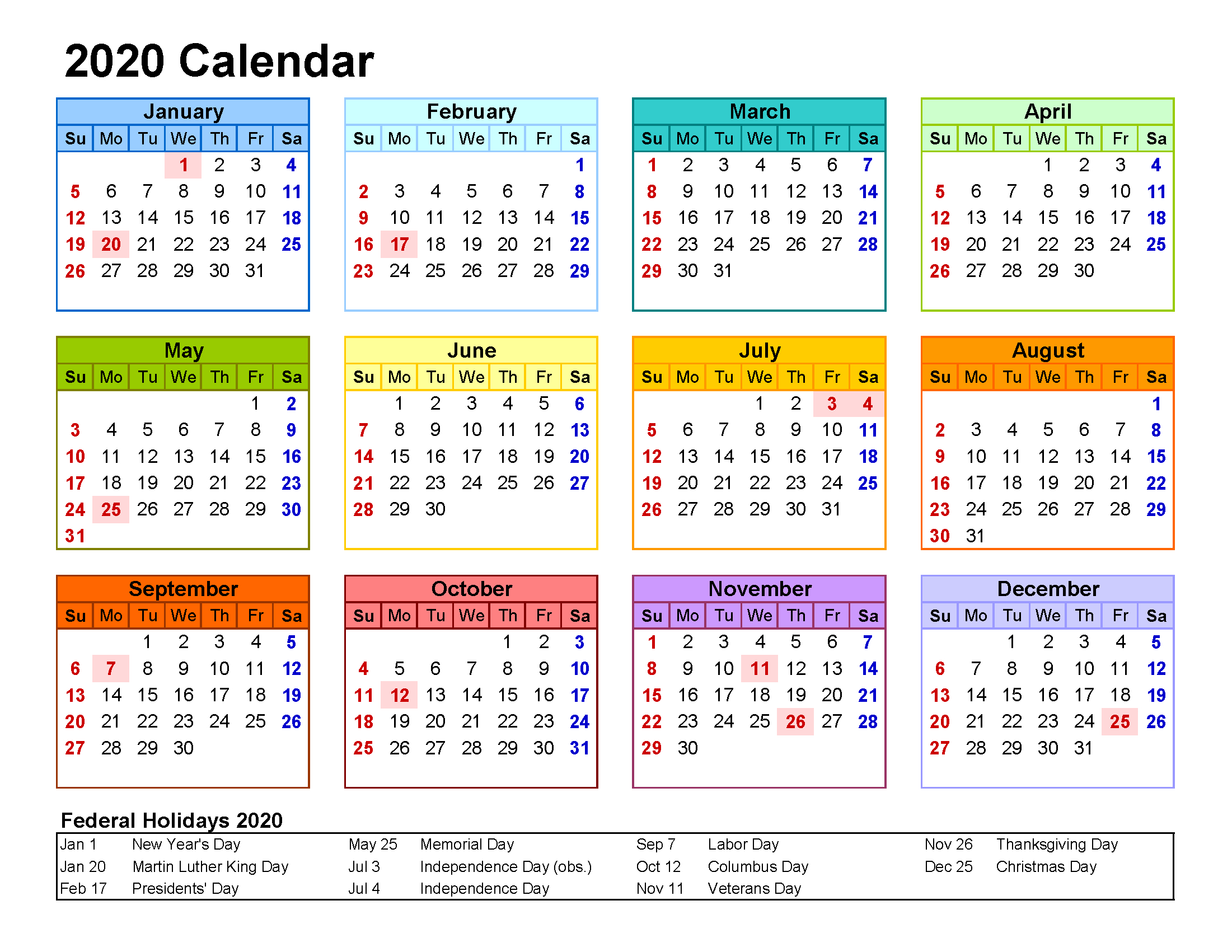 Free Printable 2020 Yearly Calendar With Holidays