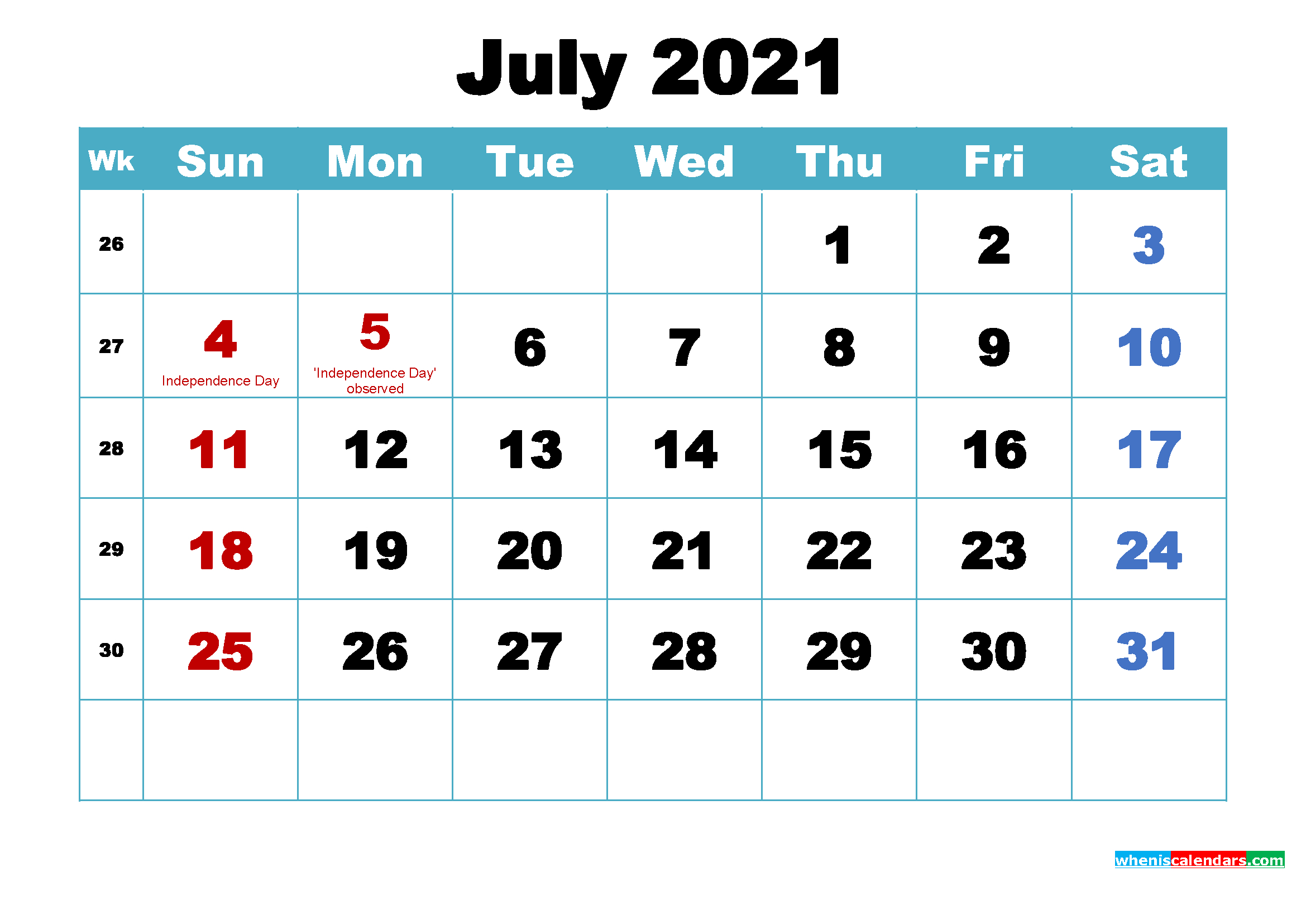 Free Printable 2021 Calendar July As Word Pdf Free