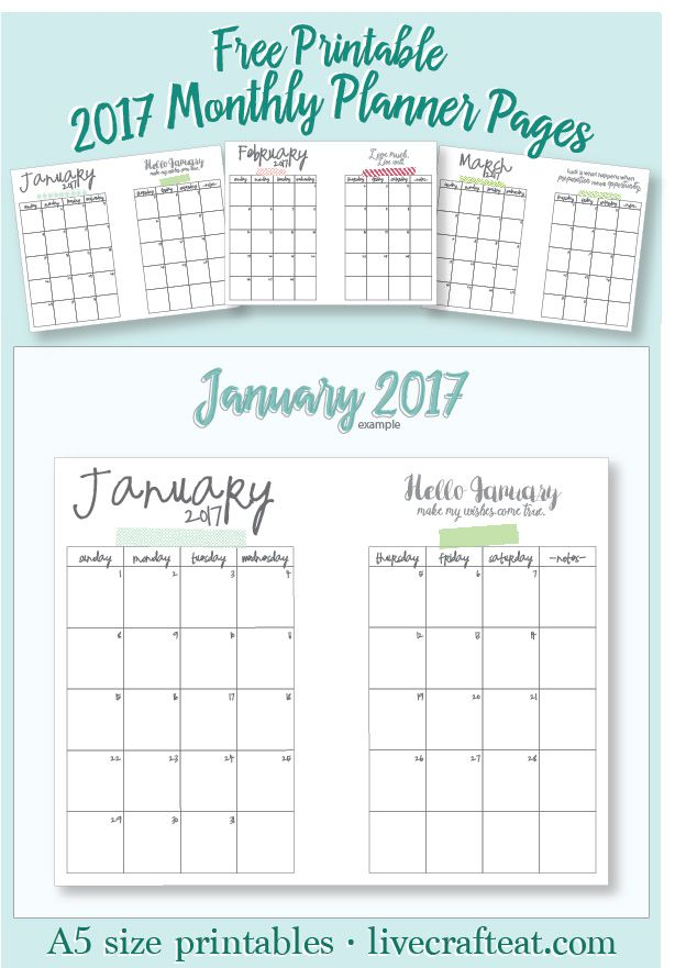 free printable a5 2017 monthly calendars planner pages