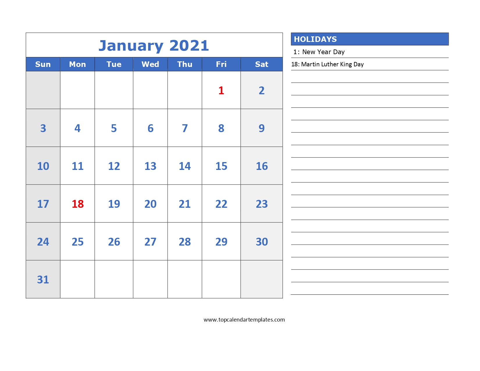 January 2021 Printable Calendar Editable Templates
